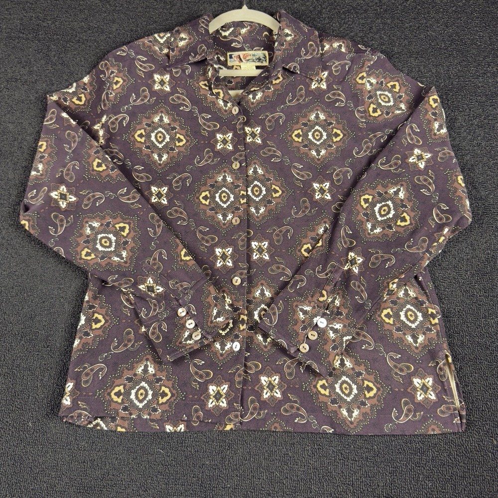 VTG La Cabana Button Up Shirt Womens Size Large Brown Design Print Long Sleeve